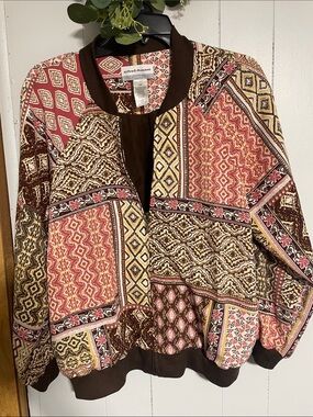 Alfred Dunner Brown, Pink & Yellow Patchwork Bomber Jacket